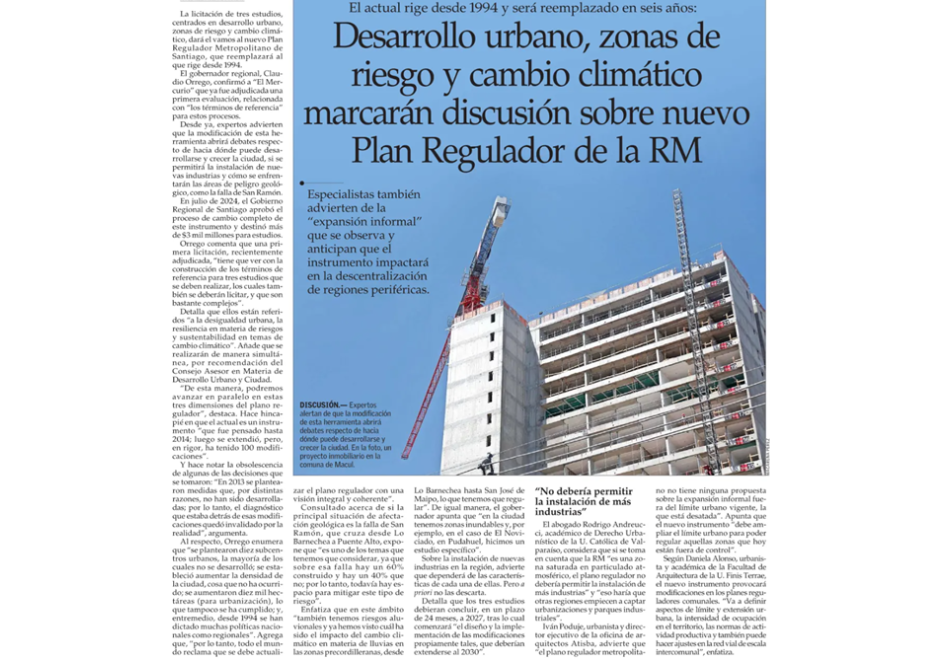 Desarrollo urbano, zonas de riesgo y cambio climático marcarán discusión sobre nuevo Plan Regulador de la RM